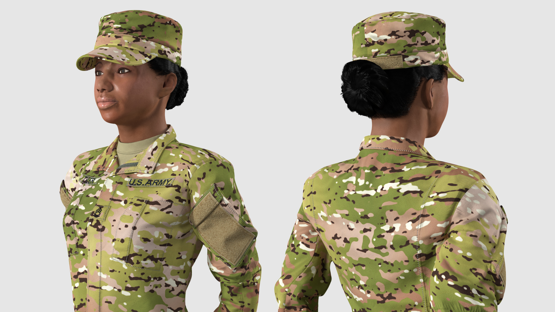 Black Female Soldier Green Standing Pose Fur 3D model