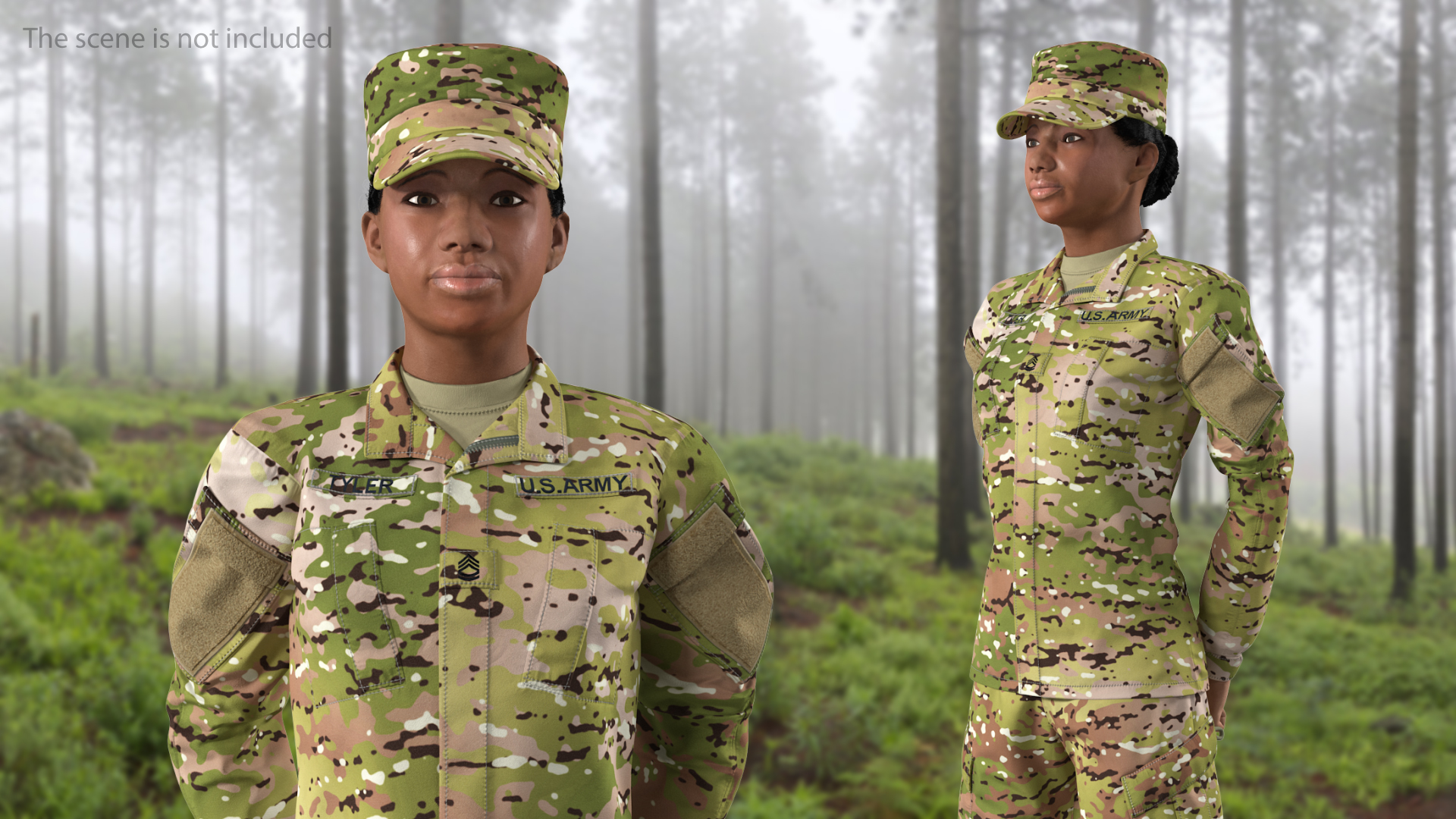 Black Female Soldier Green Standing Pose Fur 3D model