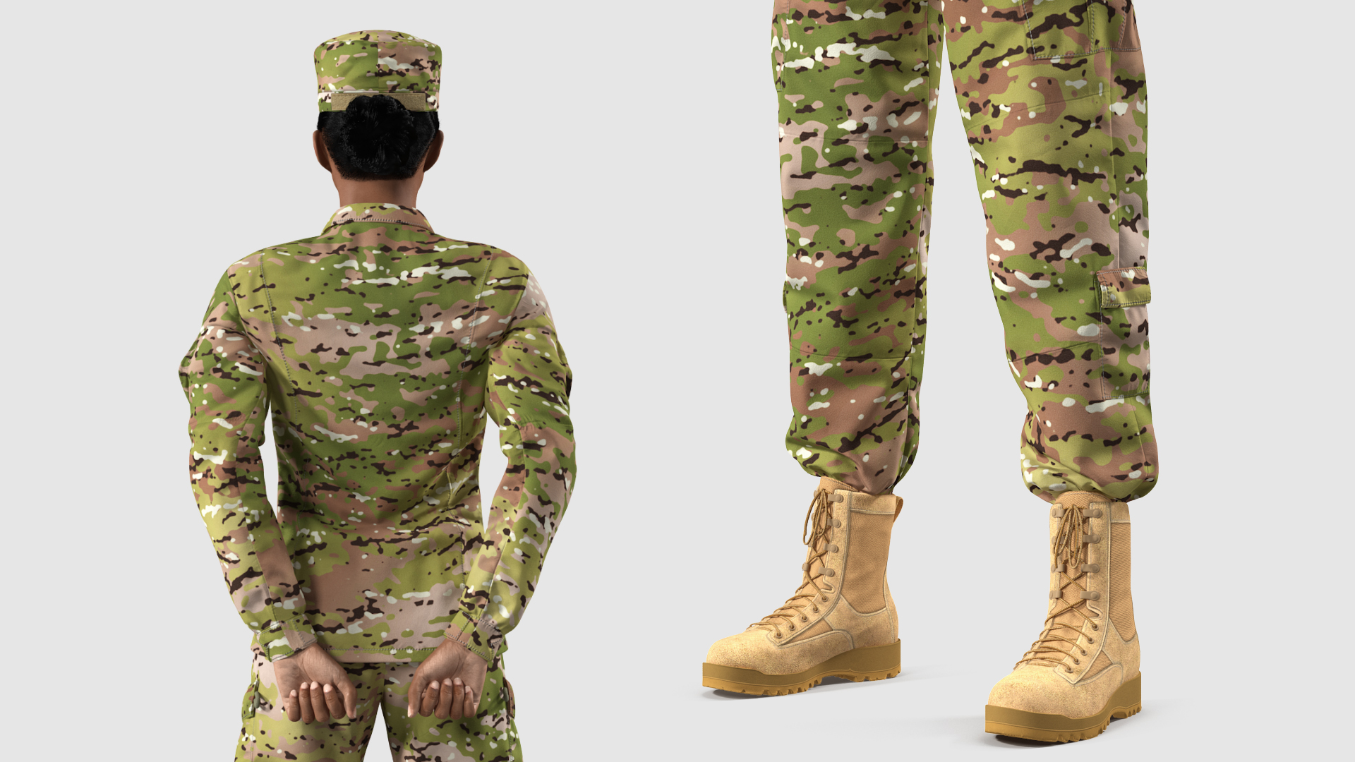 Black Female Soldier Green Standing Pose Fur 3D model