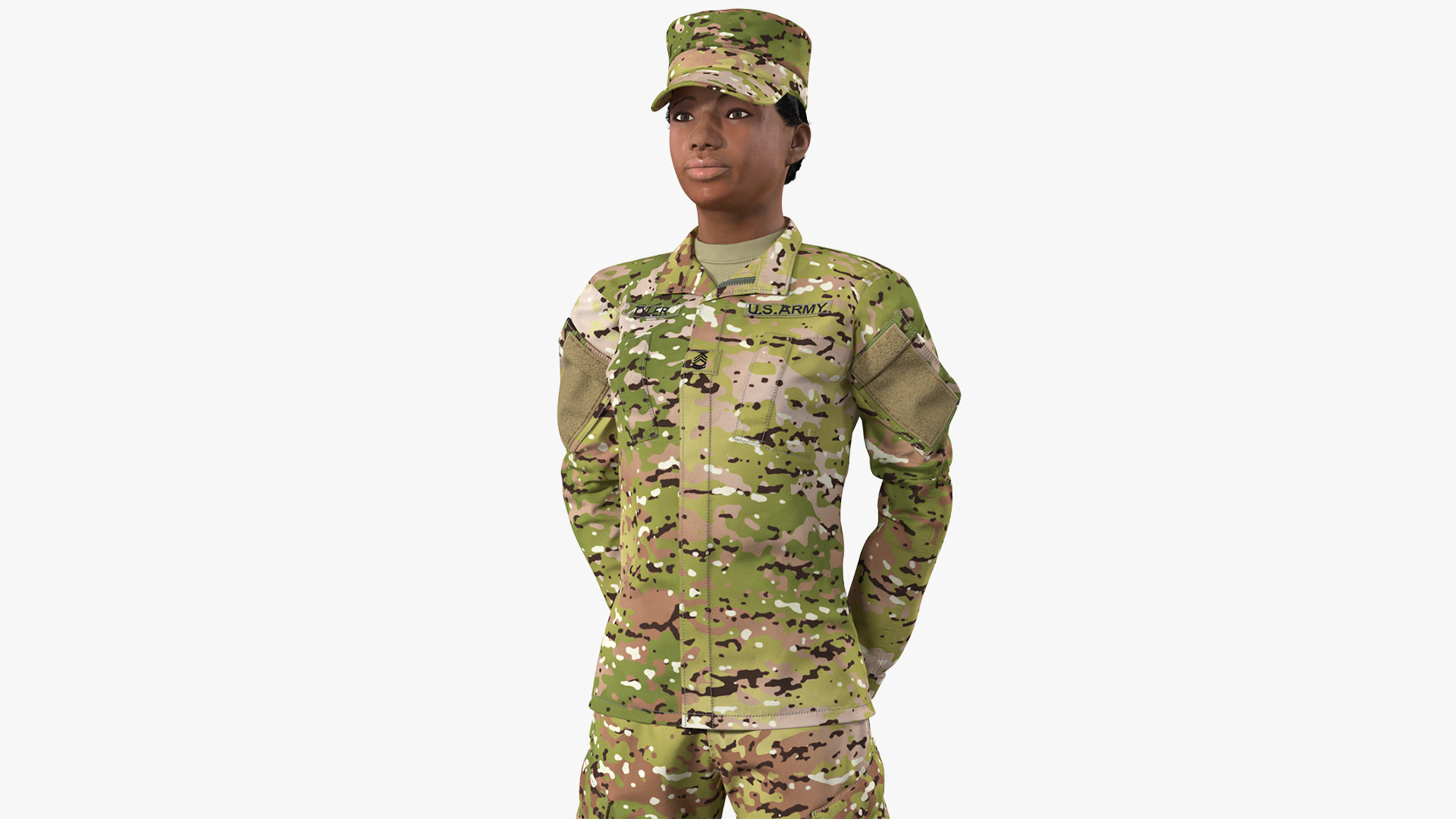 Black Female Soldier Green Standing Pose Fur 3D model