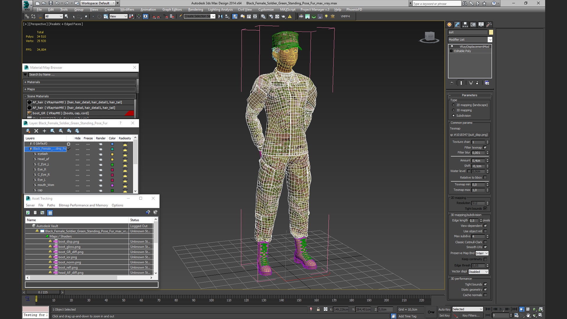 Black Female Soldier Green Standing Pose Fur 3D model