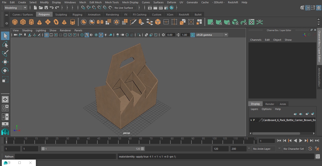 3D Cardboard 6 Pack Bottle Carrier Brown Empty model