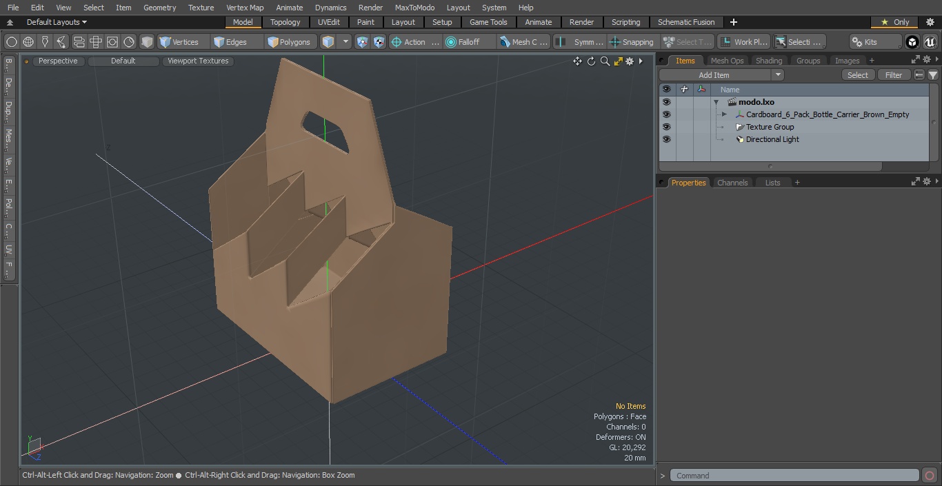 3D Cardboard 6 Pack Bottle Carrier Brown Empty model