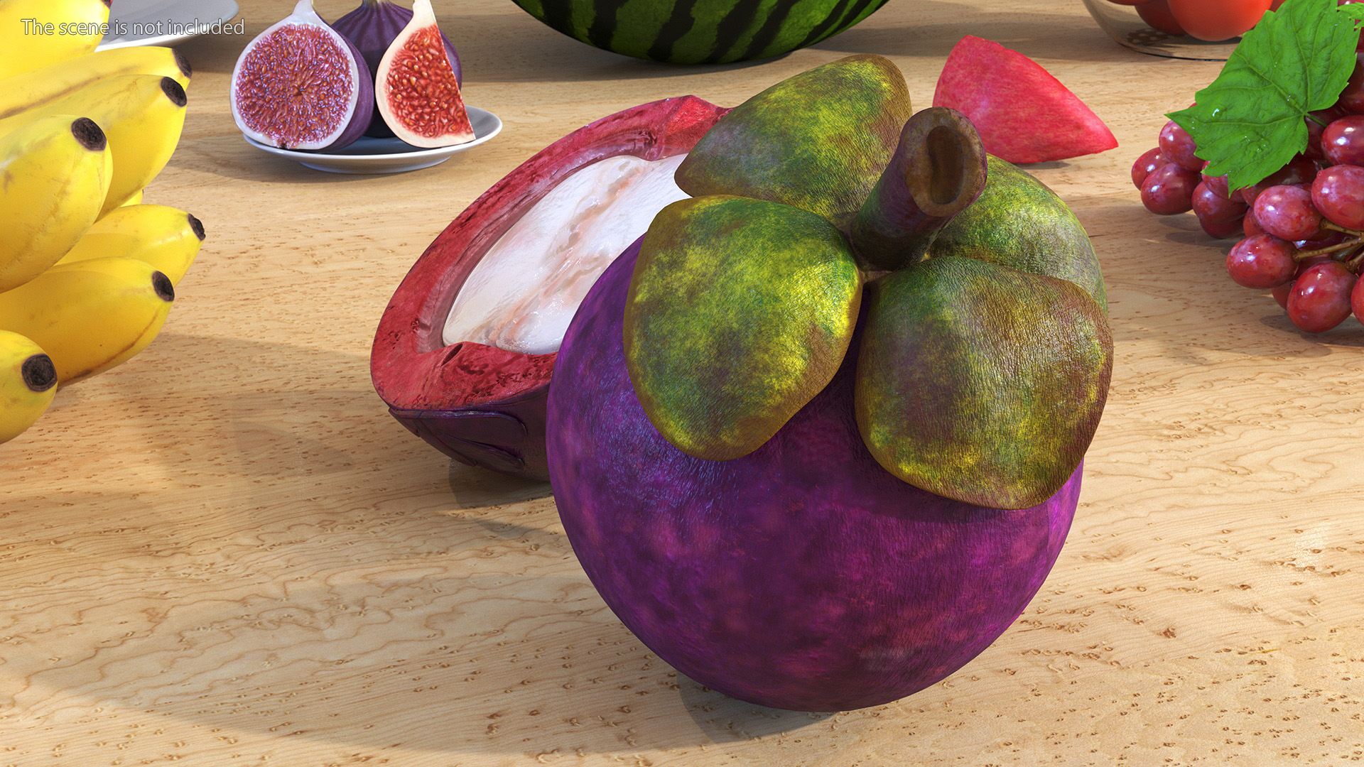 3D Purple Mangosteen Whole and Half Cut
