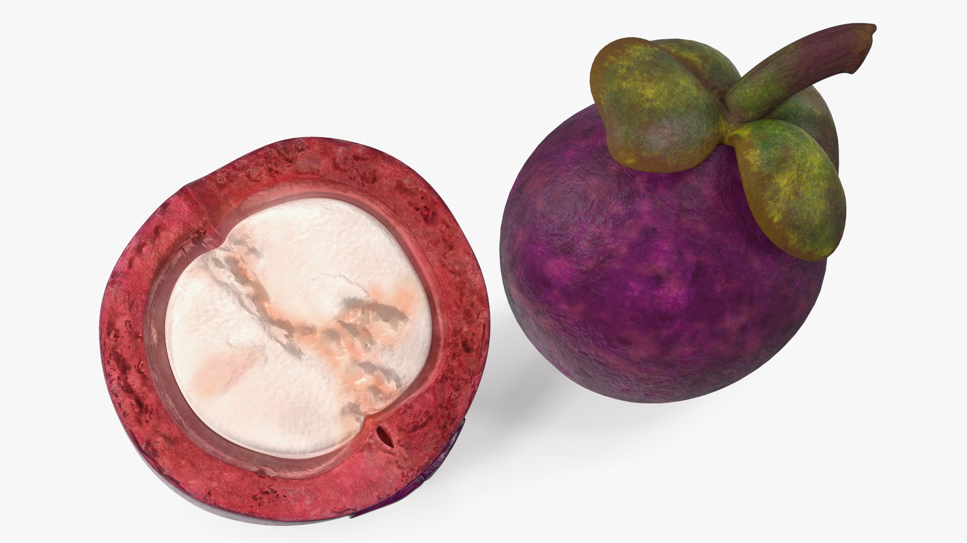 3D Purple Mangosteen Whole and Half Cut