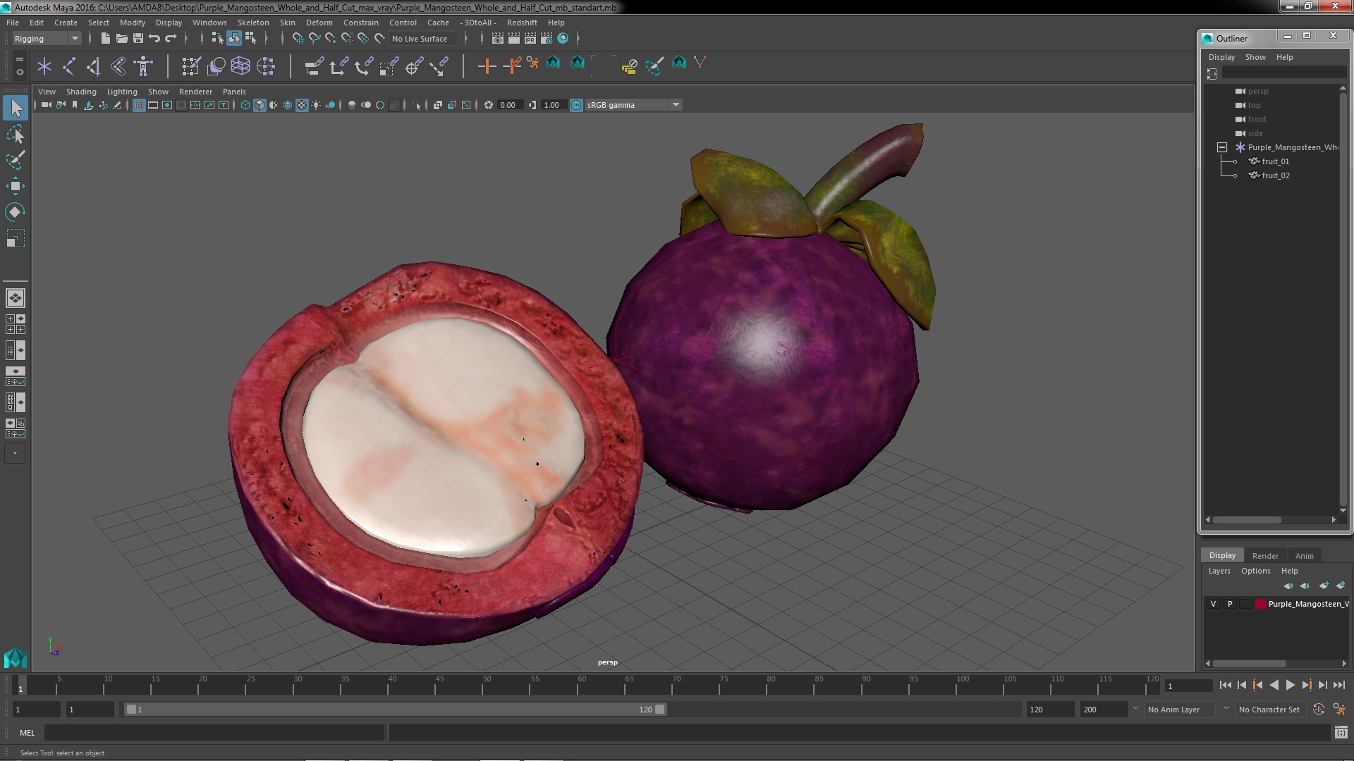 3D Purple Mangosteen Whole and Half Cut