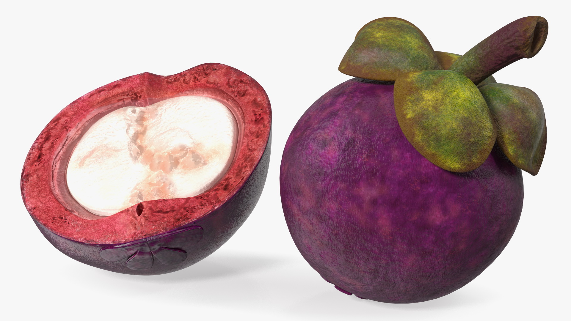 3D Purple Mangosteen Whole and Half Cut