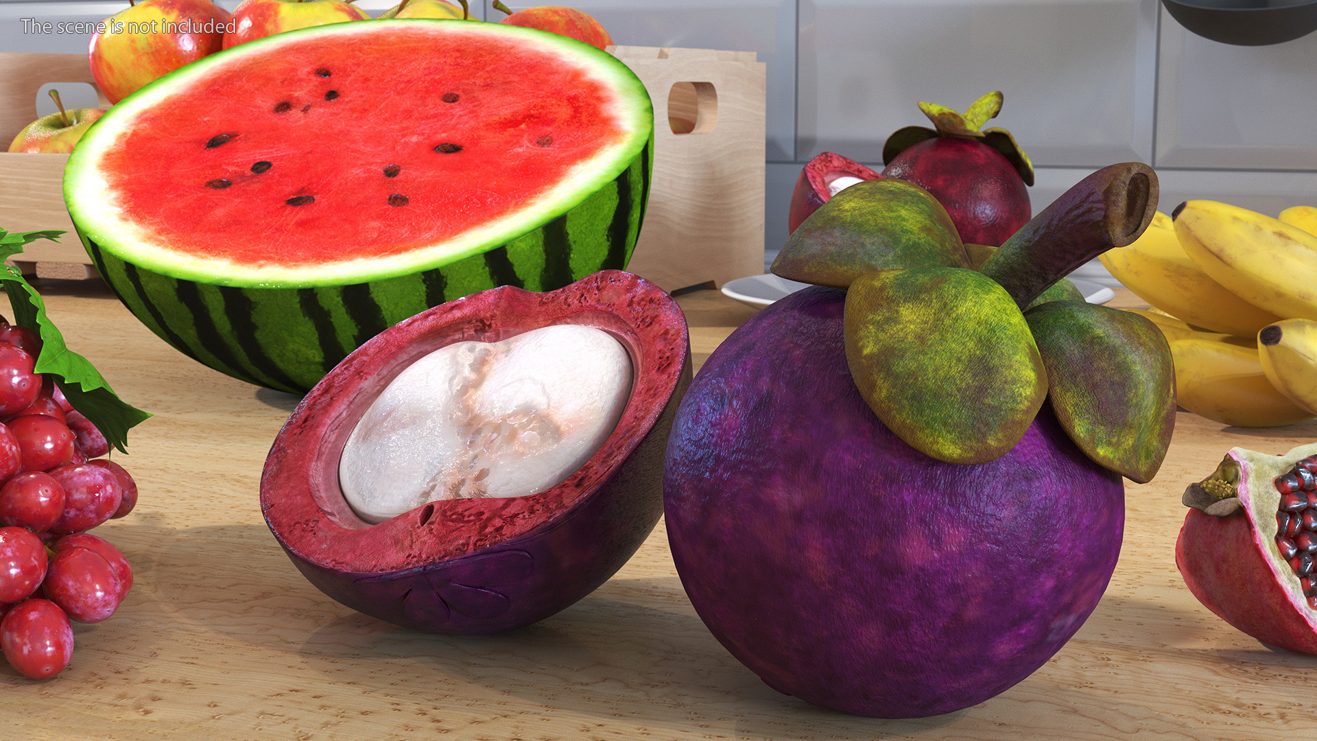 3D Purple Mangosteen Whole and Half Cut