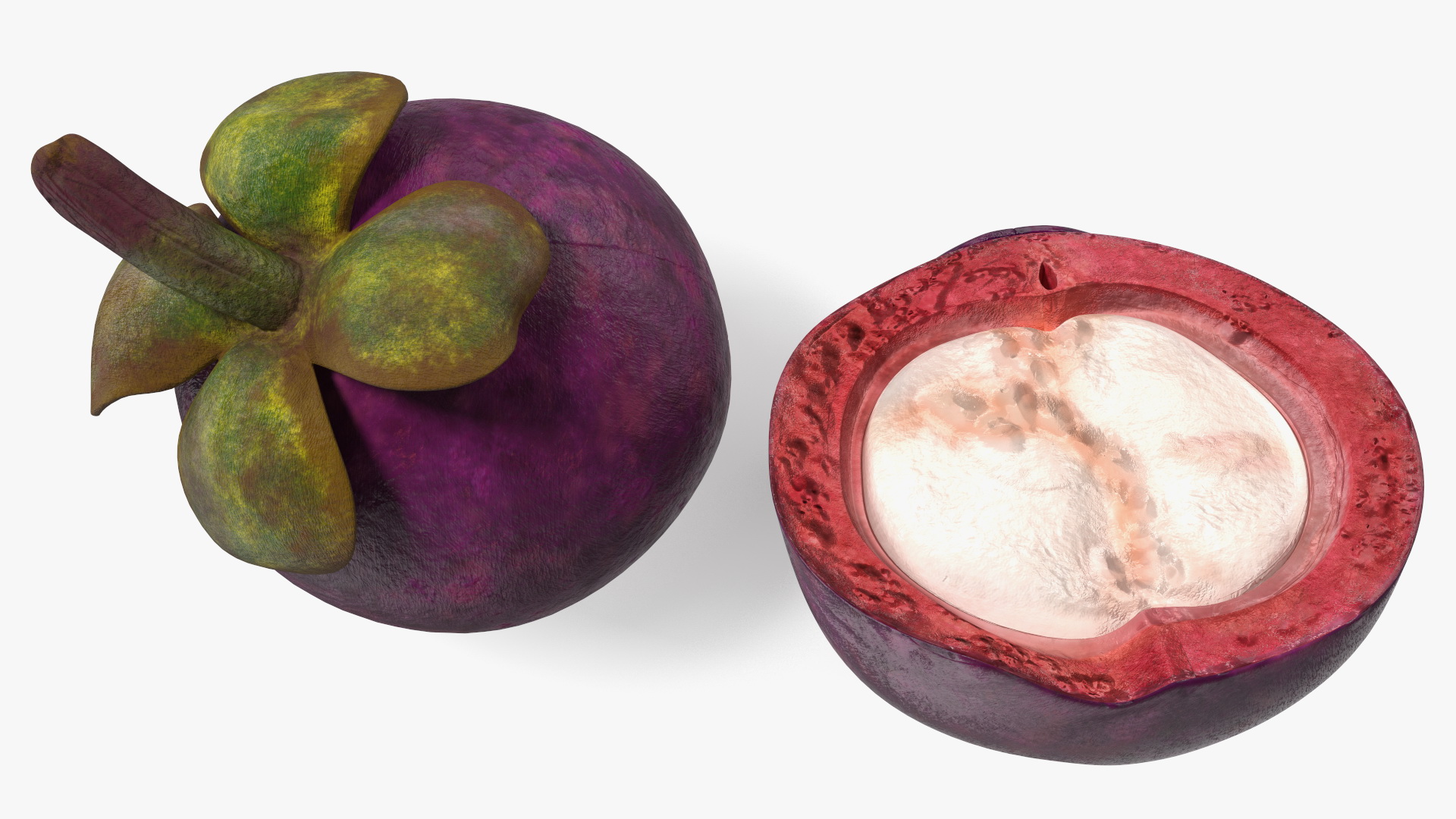 3D Purple Mangosteen Whole and Half Cut
