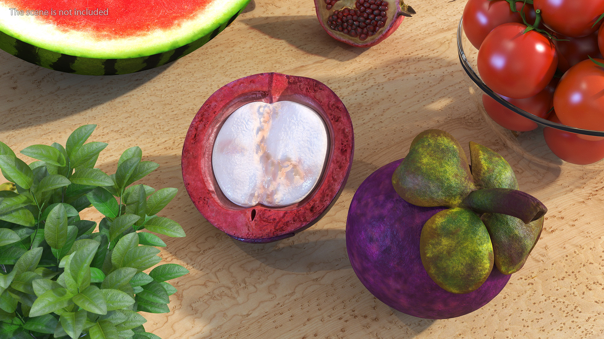 3D Purple Mangosteen Whole and Half Cut