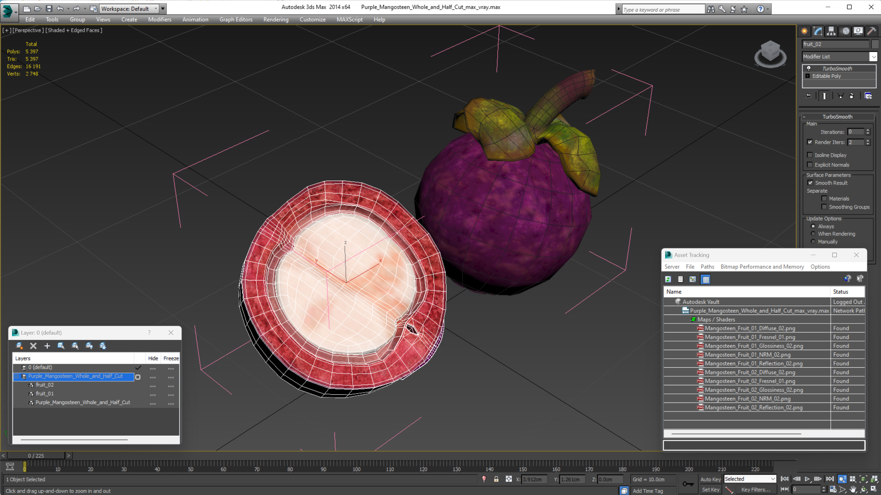3D Purple Mangosteen Whole and Half Cut