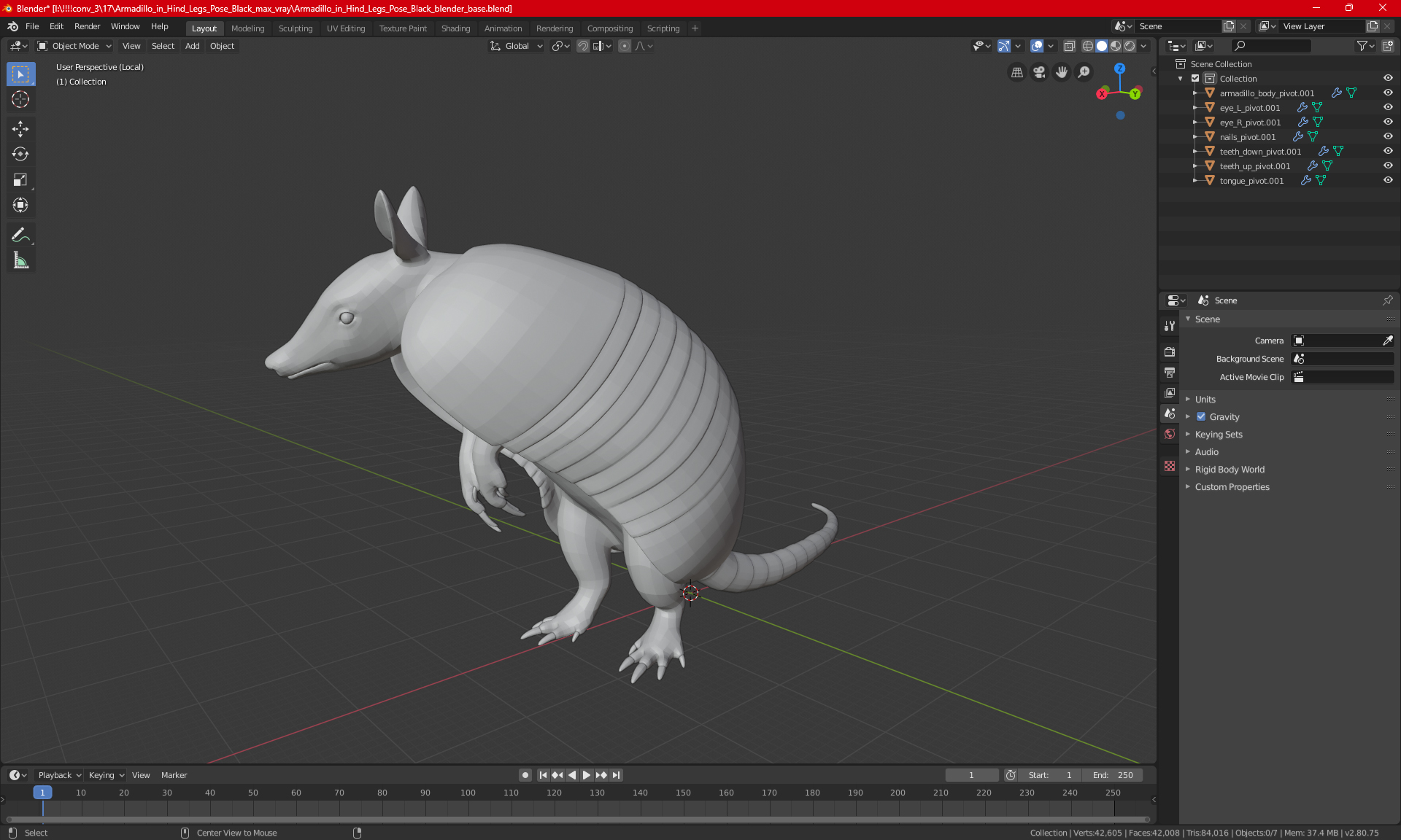 3D Armadillo in Hind Legs Pose Black model