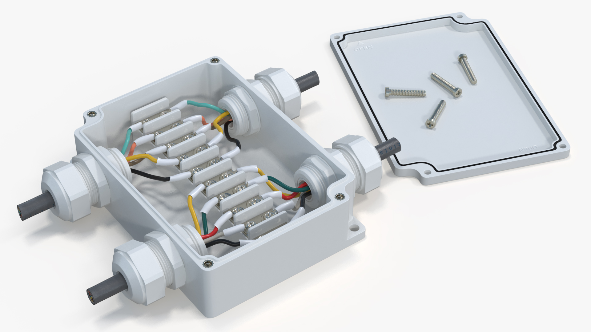 3D White Junction Box with 4 Wires