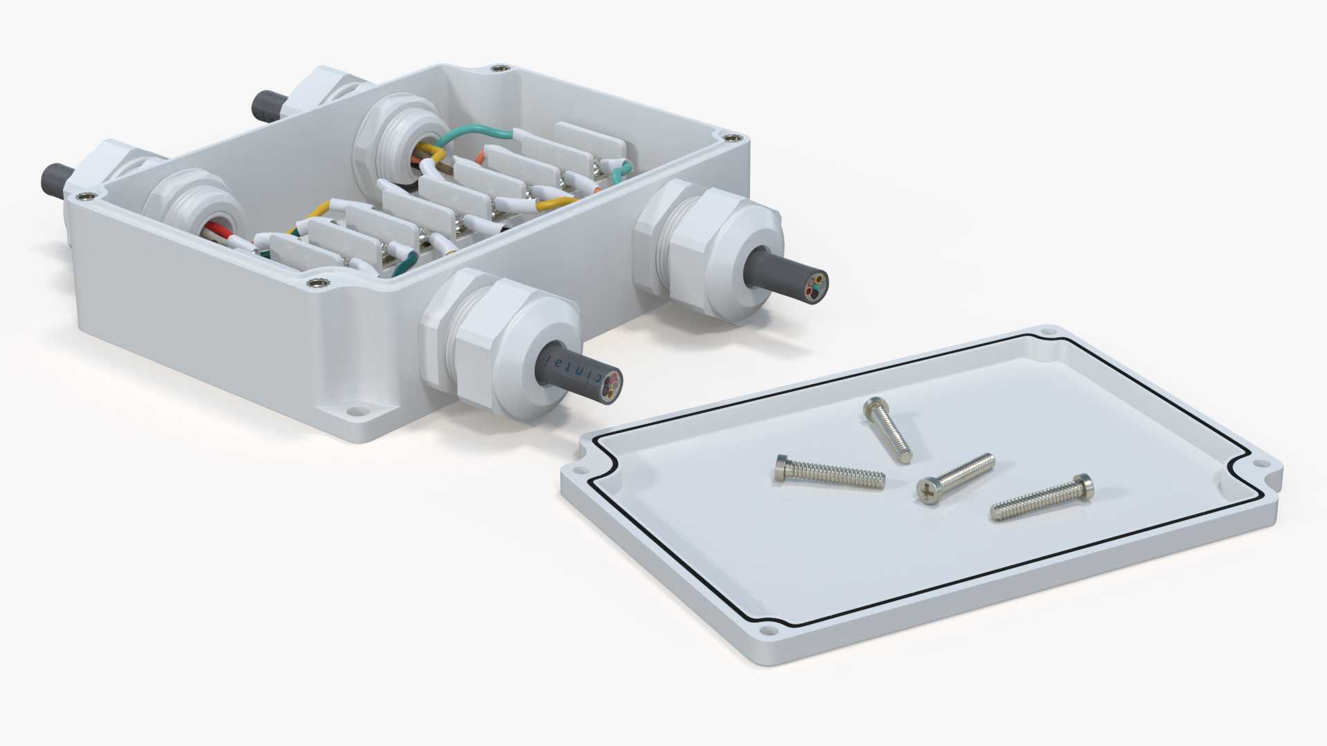 3D White Junction Box with 4 Wires