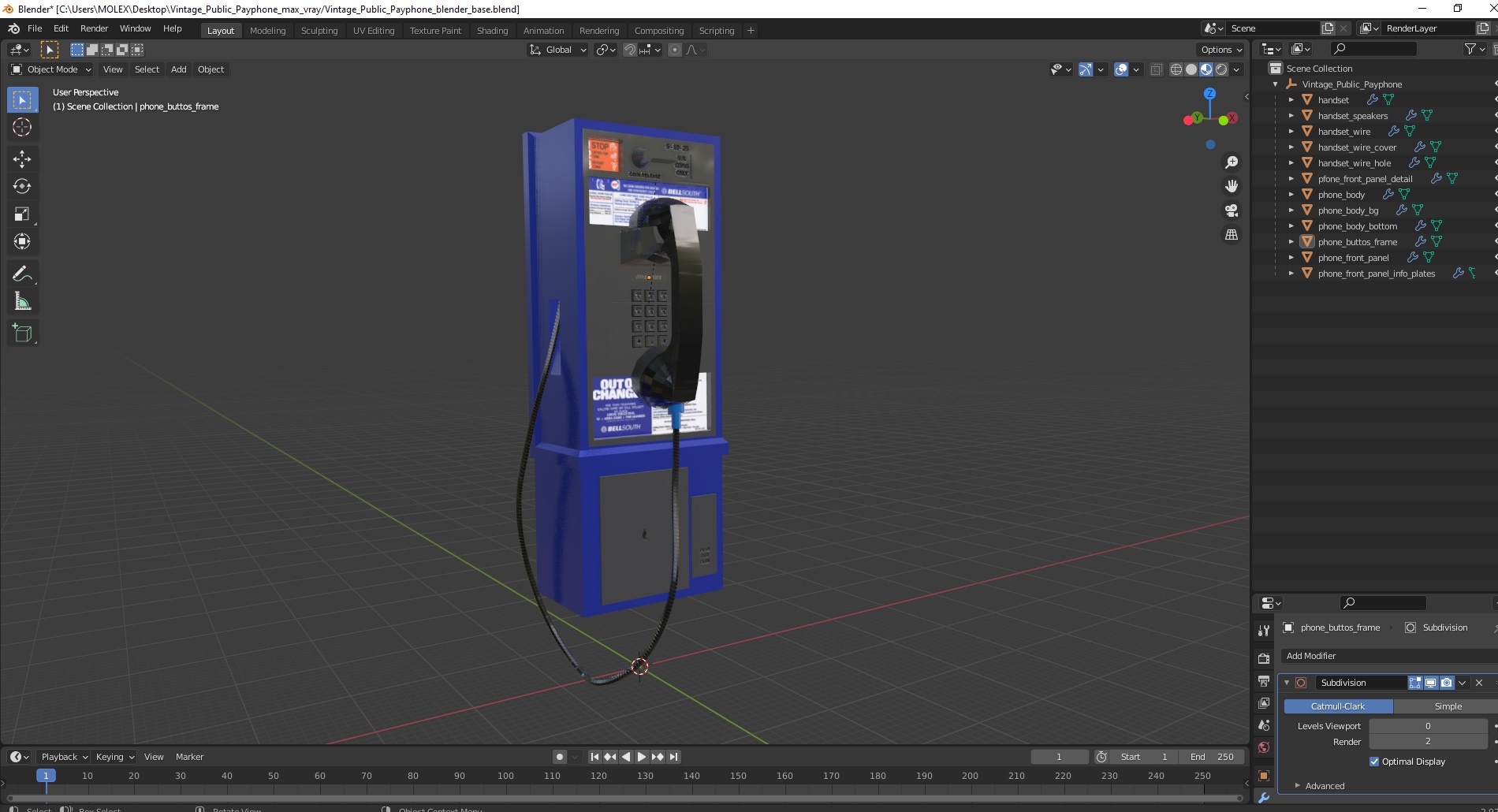 3D Vintage Public Payphone model