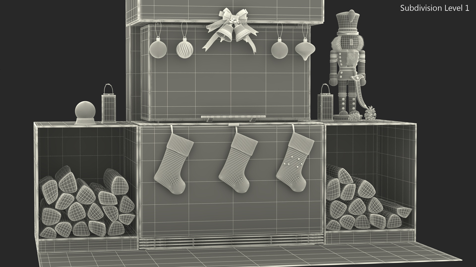 Festive Fireplace Scene with Christmas Decorations Fur 3D model