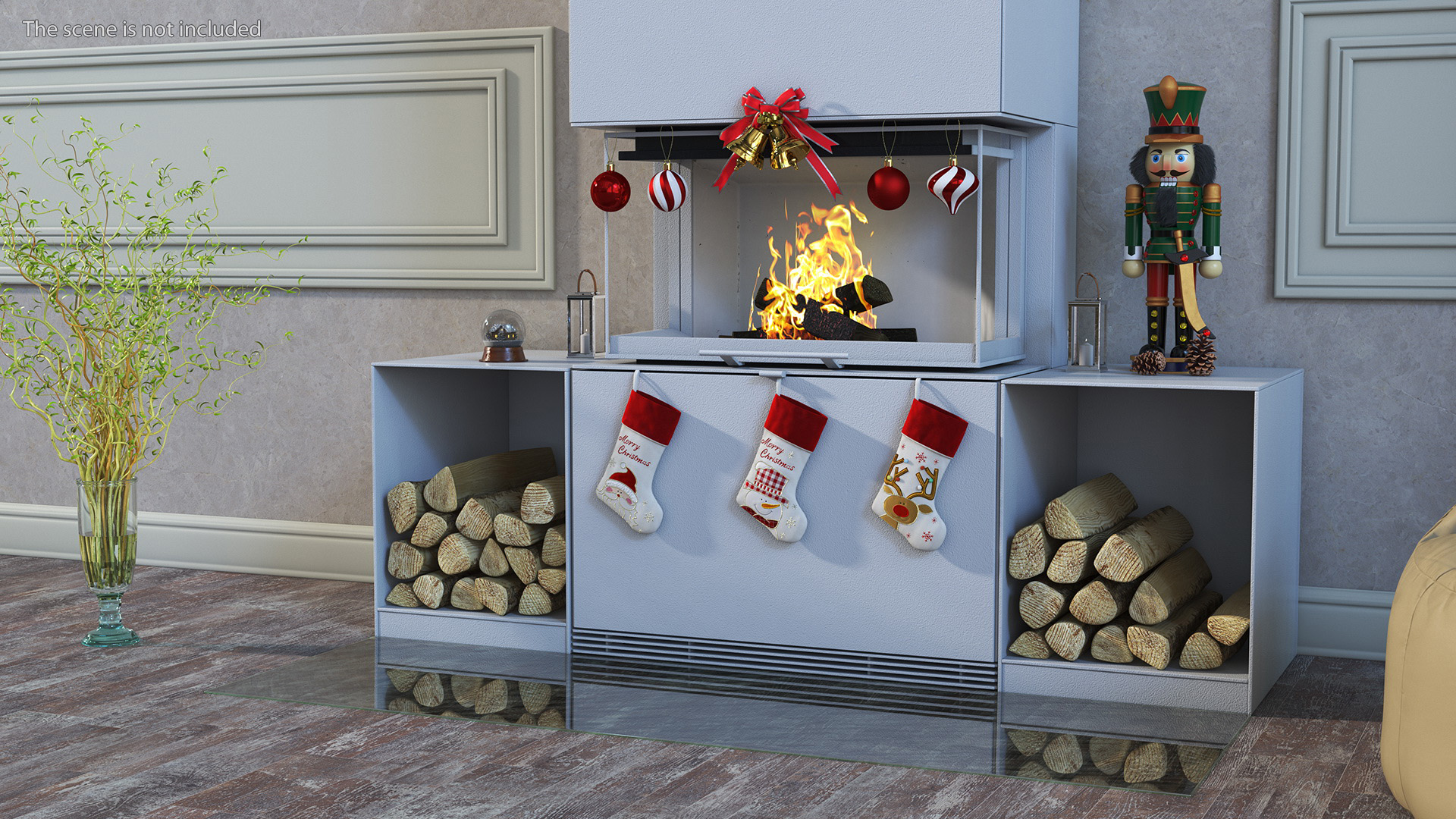 Festive Fireplace Scene with Christmas Decorations Fur 3D model
