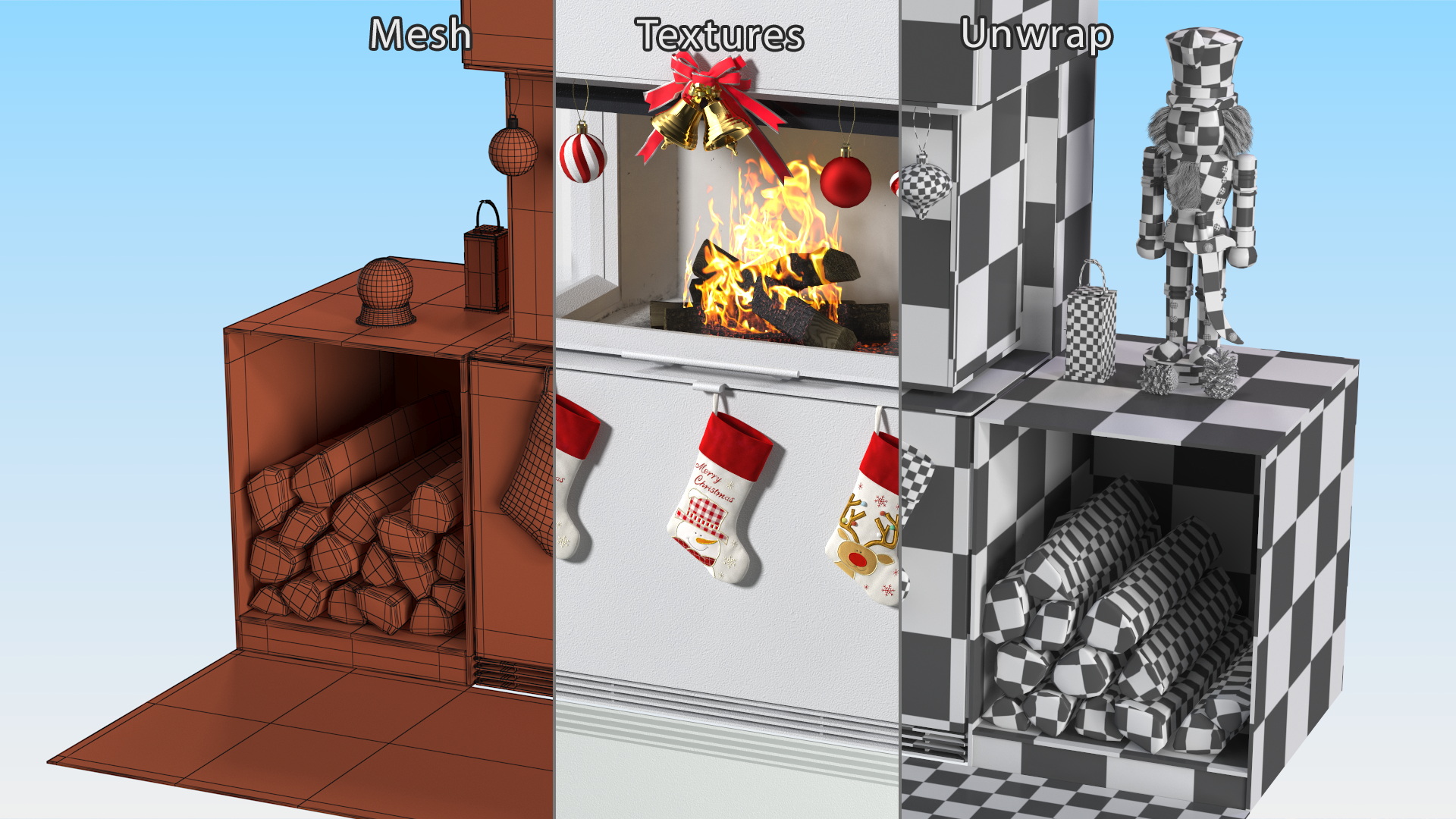 Festive Fireplace Scene with Christmas Decorations Fur 3D model