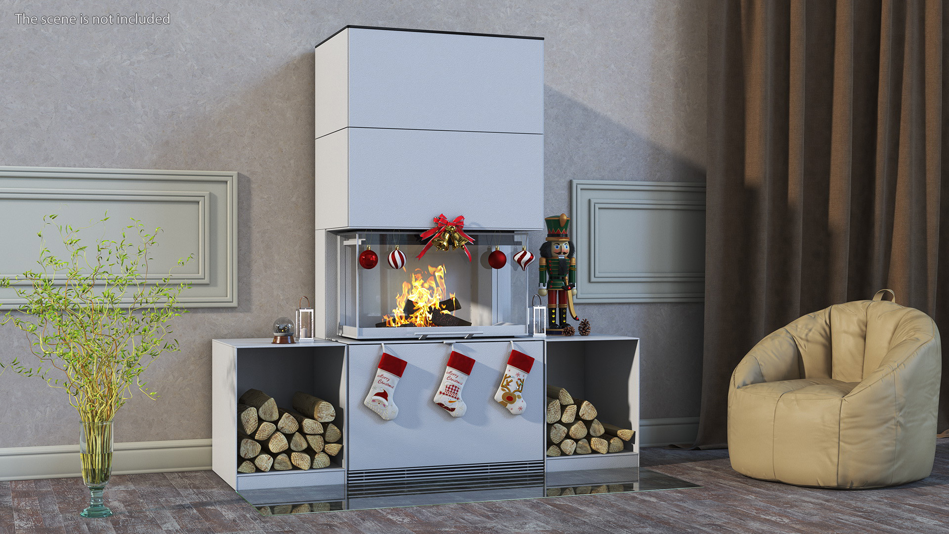 Festive Fireplace Scene with Christmas Decorations Fur 3D model