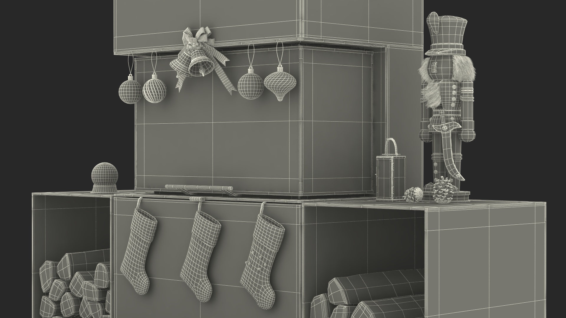 Festive Fireplace Scene with Christmas Decorations Fur 3D model