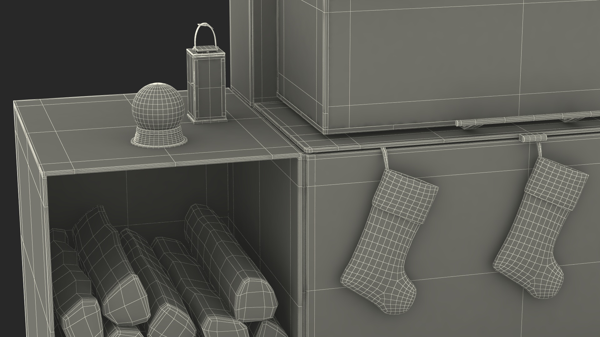 Festive Fireplace Scene with Christmas Decorations Fur 3D model
