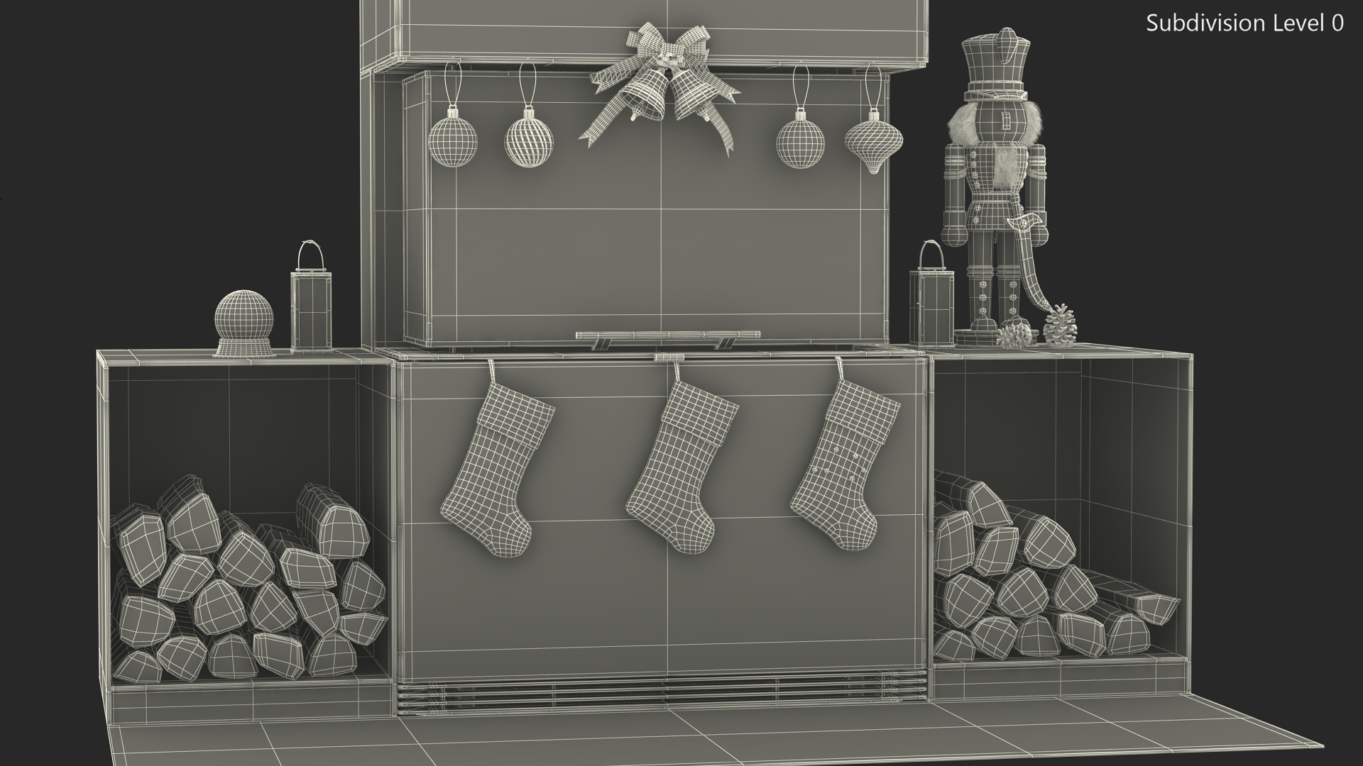 Festive Fireplace Scene with Christmas Decorations Fur 3D model