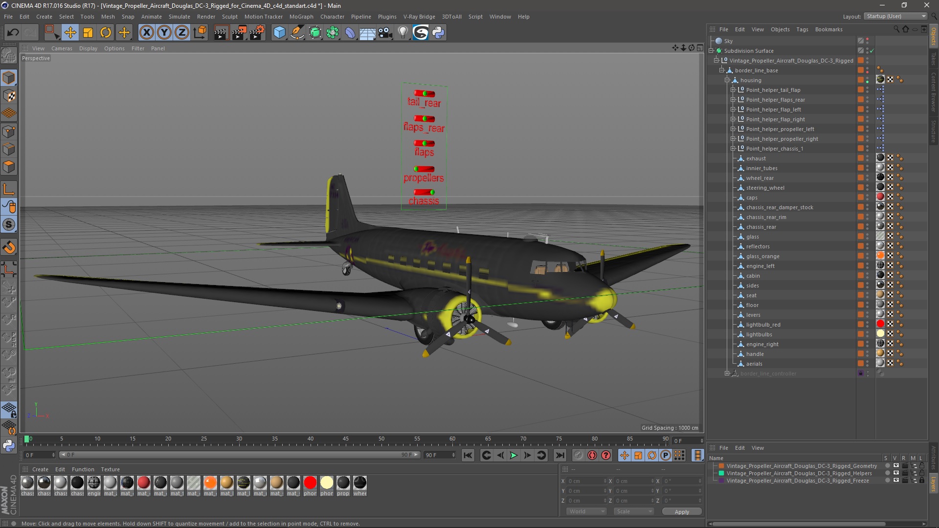 3D model Vintage Propeller Aircraft Douglas DC-3 Rigged for Cinema 4D