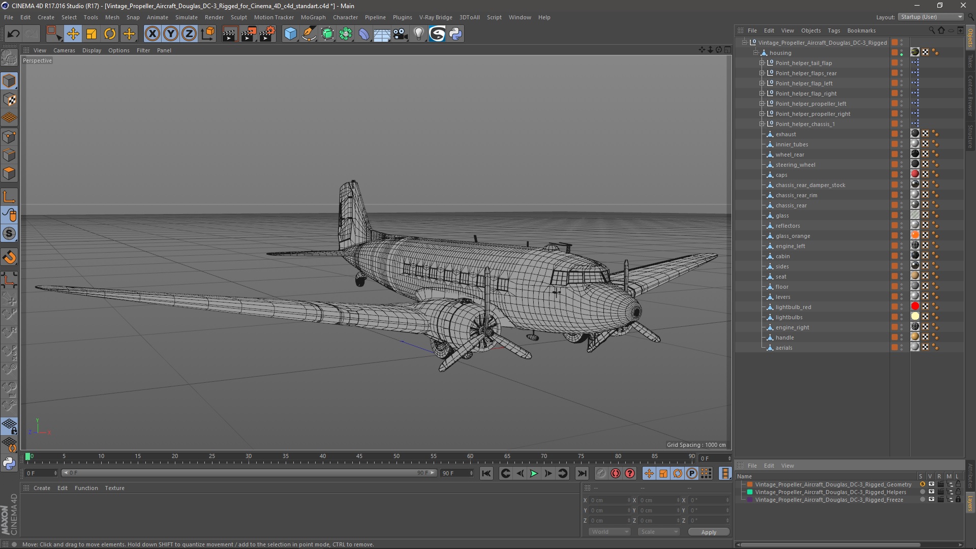 3D model Vintage Propeller Aircraft Douglas DC-3 Rigged for Cinema 4D
