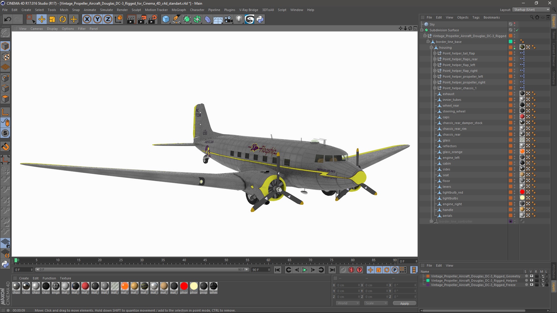 3D model Vintage Propeller Aircraft Douglas DC-3 Rigged for Cinema 4D