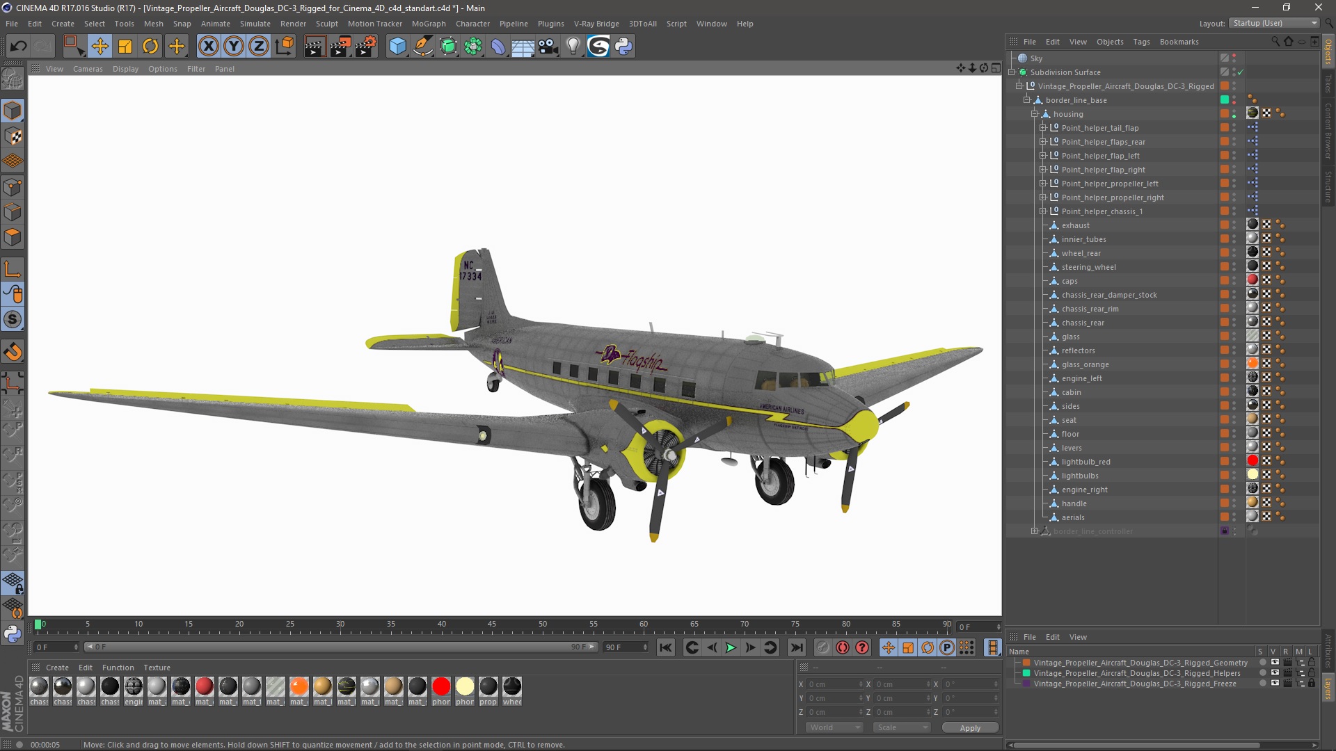 3D model Vintage Propeller Aircraft Douglas DC-3 Rigged for Cinema 4D