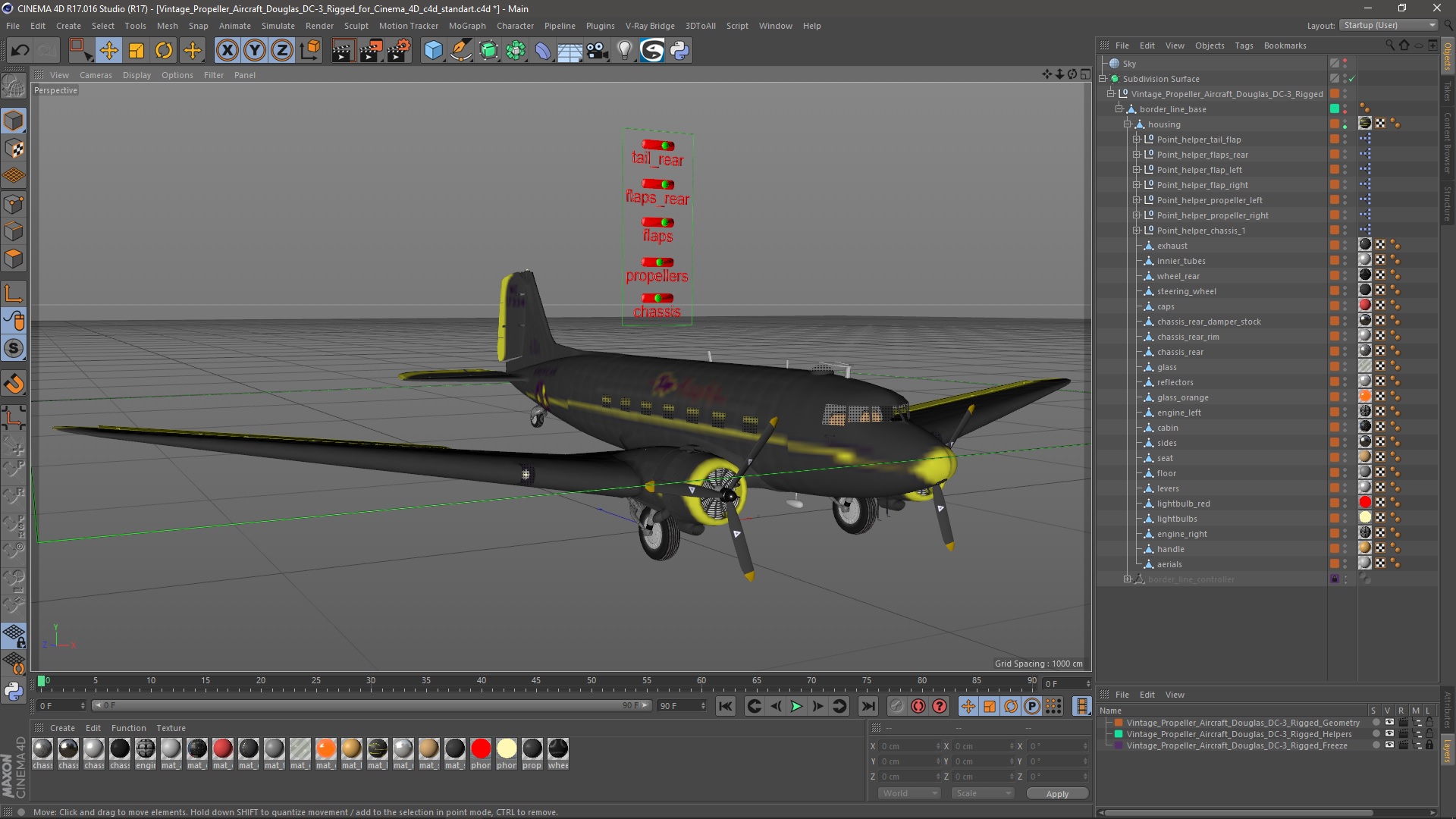 3D model Vintage Propeller Aircraft Douglas DC-3 Rigged for Cinema 4D