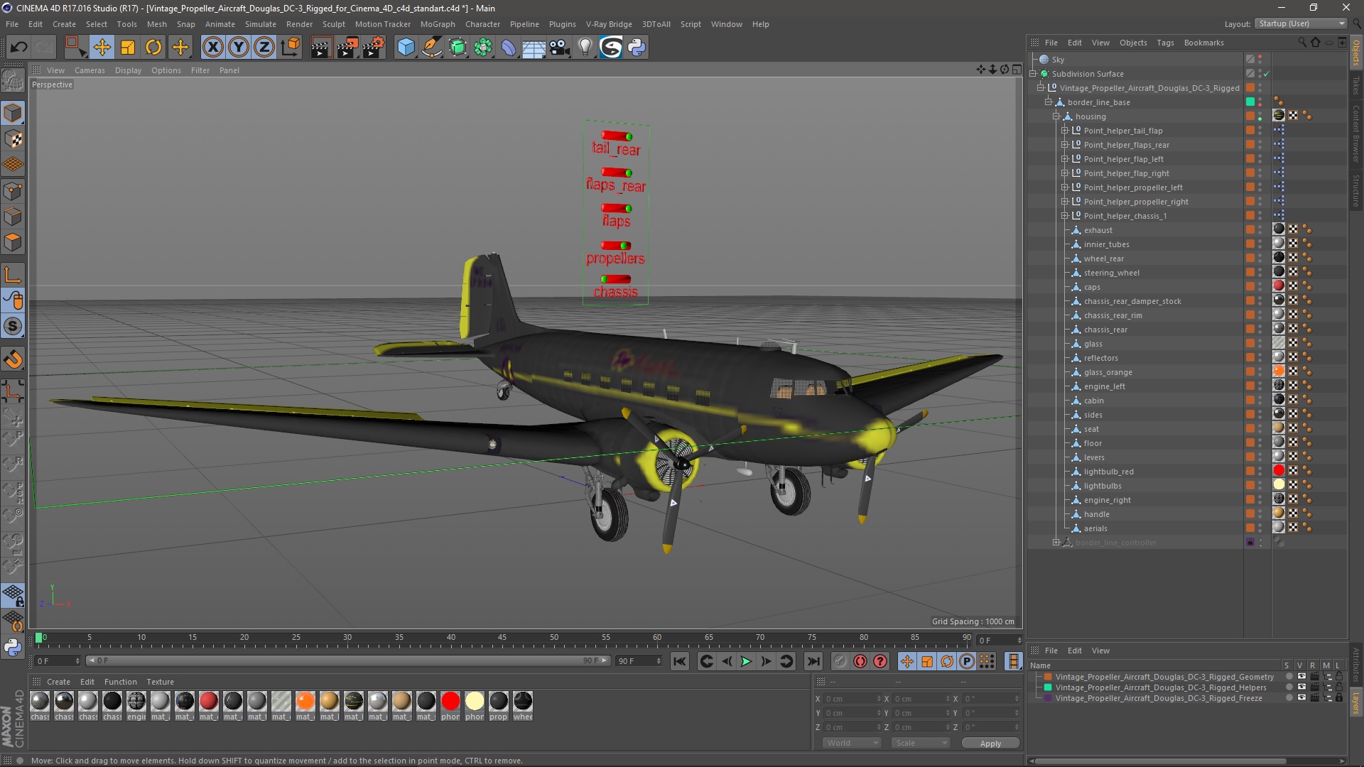 3D model Vintage Propeller Aircraft Douglas DC-3 Rigged for Cinema 4D