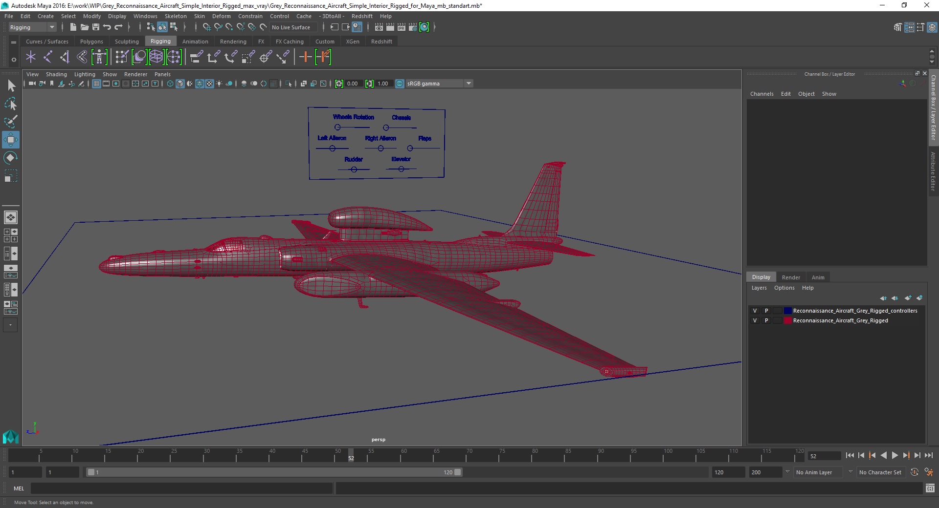 3D model Grey Reconnaissance Aircraft Simple Interior Rigged for Maya