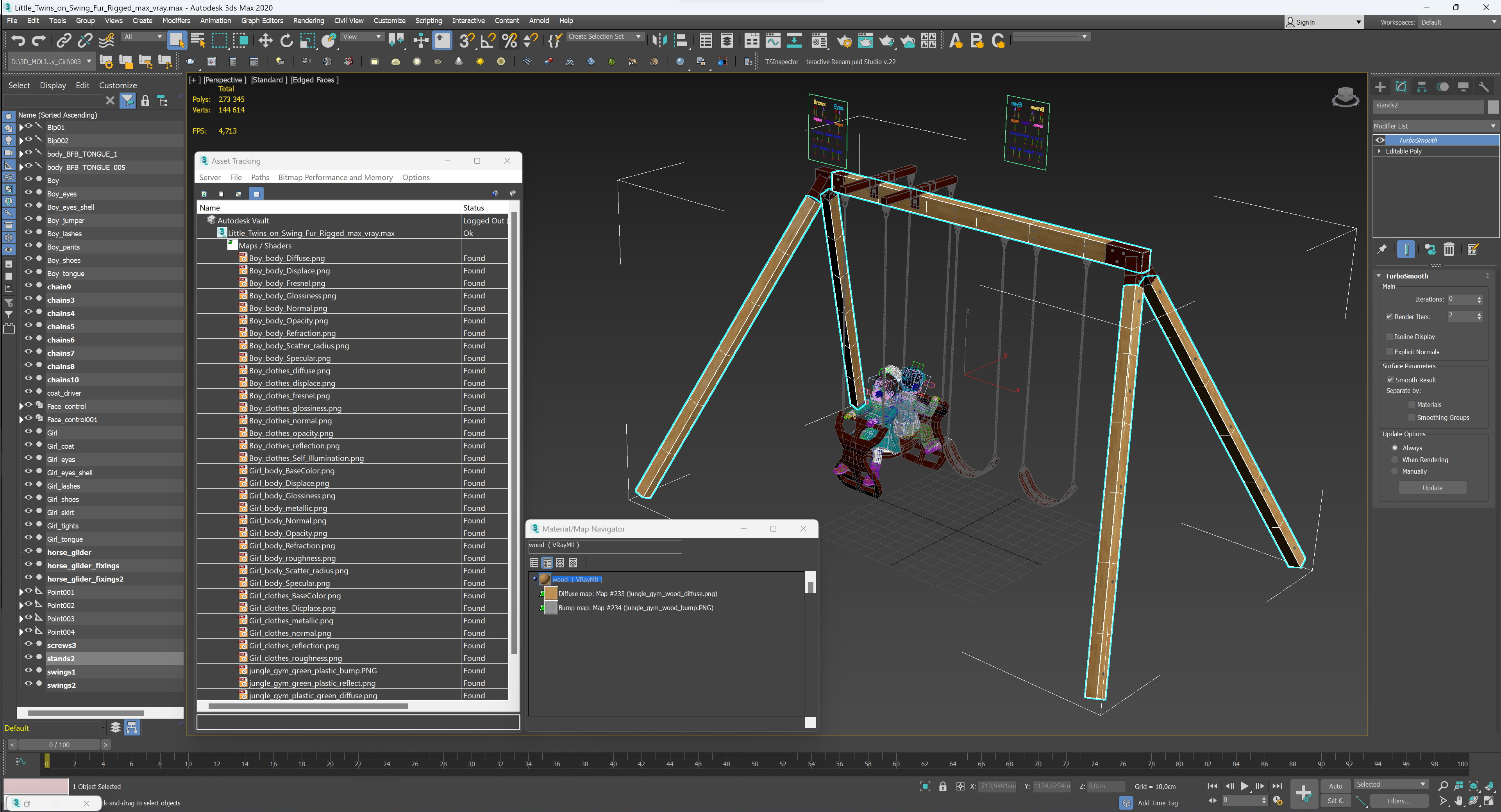 Little Twins on Swing Fur Rigged 3D