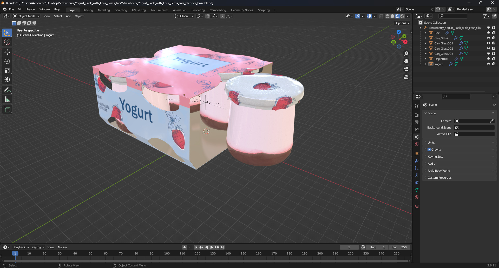 3D Strawberry Yogurt Pack with Four Glass Jars model
