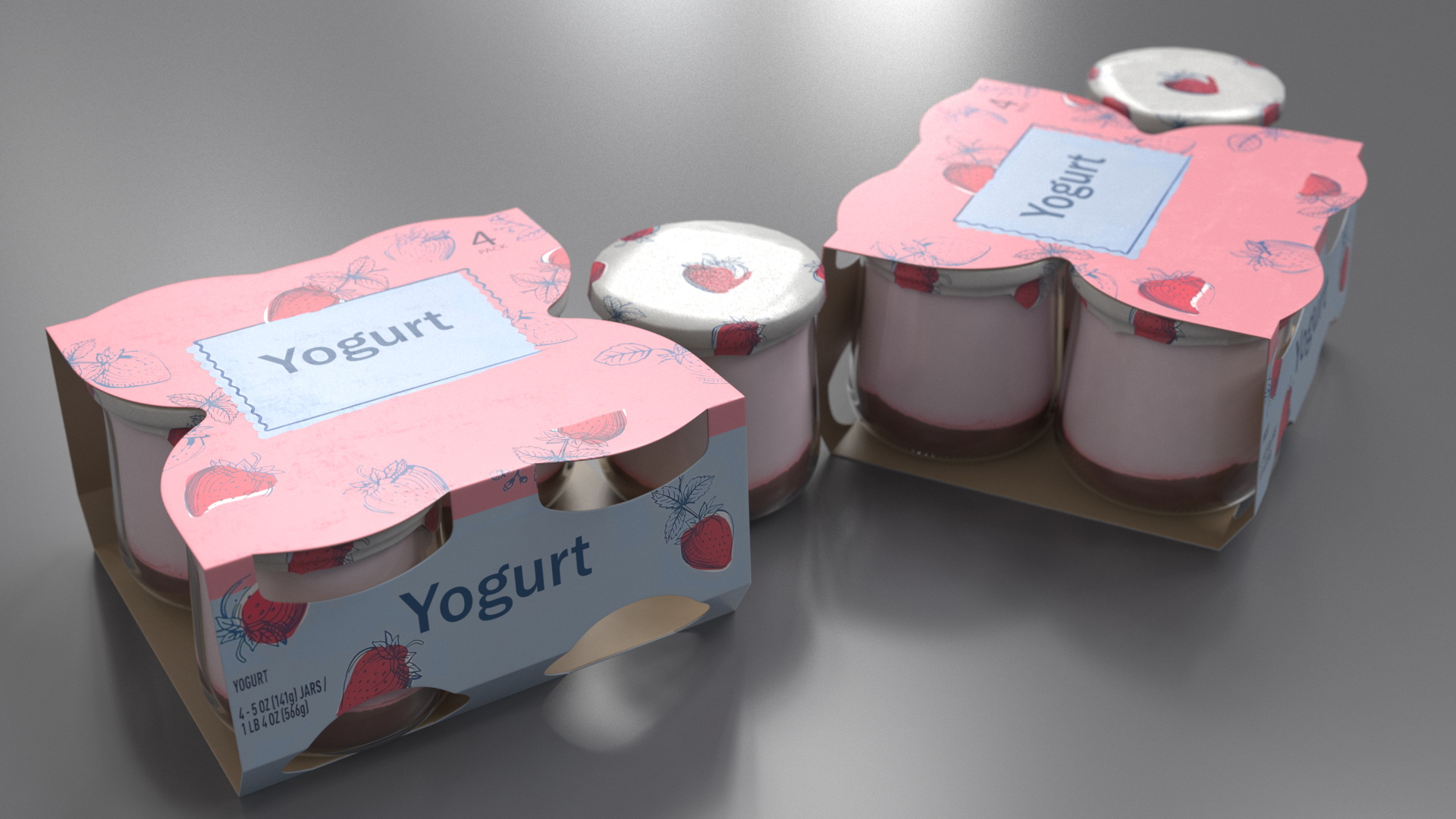3D Strawberry Yogurt Pack with Four Glass Jars model