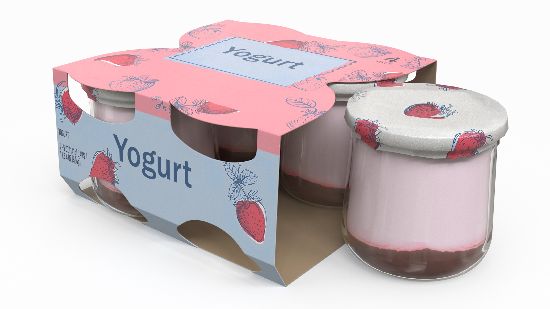 3D Strawberry Yogurt Pack with Four Glass Jars model