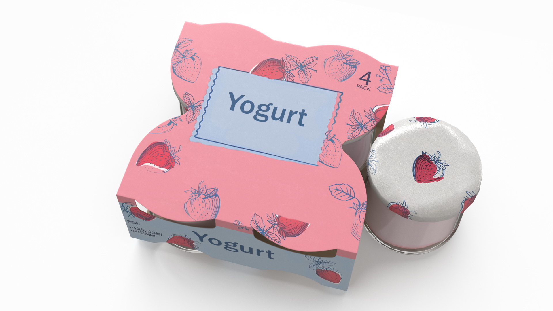 3D Strawberry Yogurt Pack with Four Glass Jars model