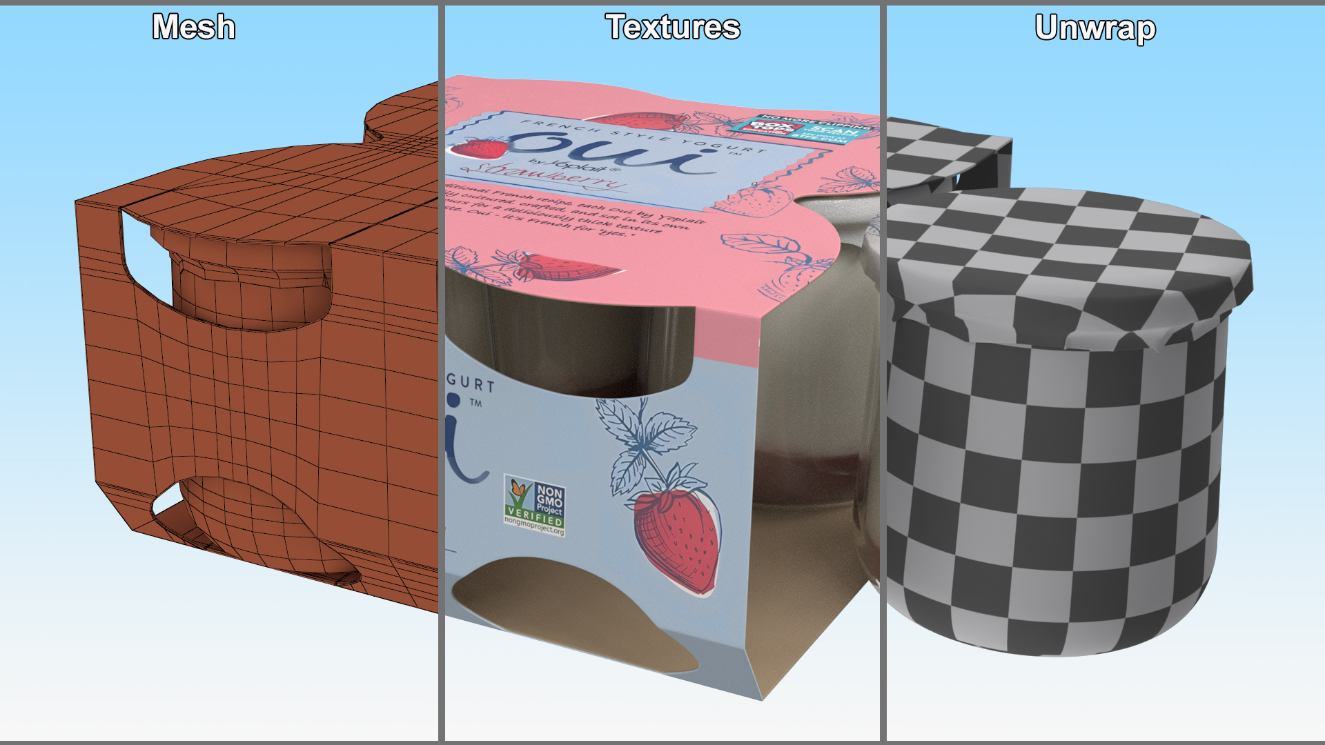 3D Strawberry Yogurt Pack with Four Glass Jars model