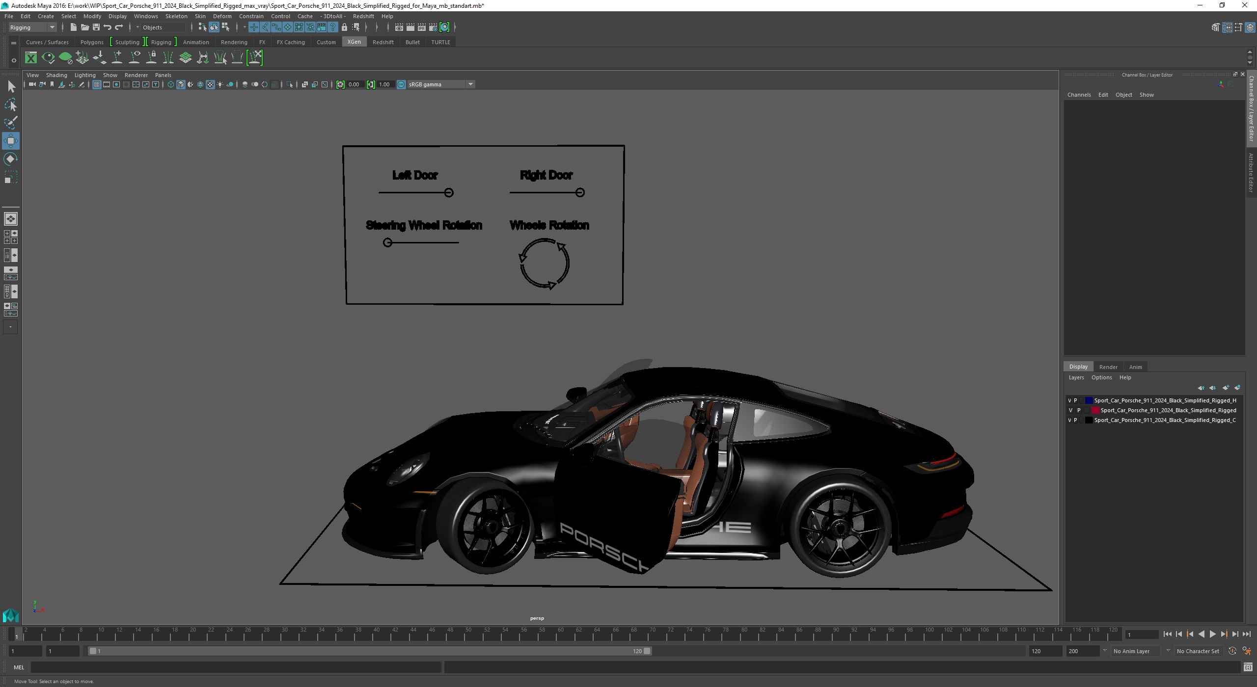 Sport Car Porsche 911 2024 Black Simplified Rigged for Maya 3D model