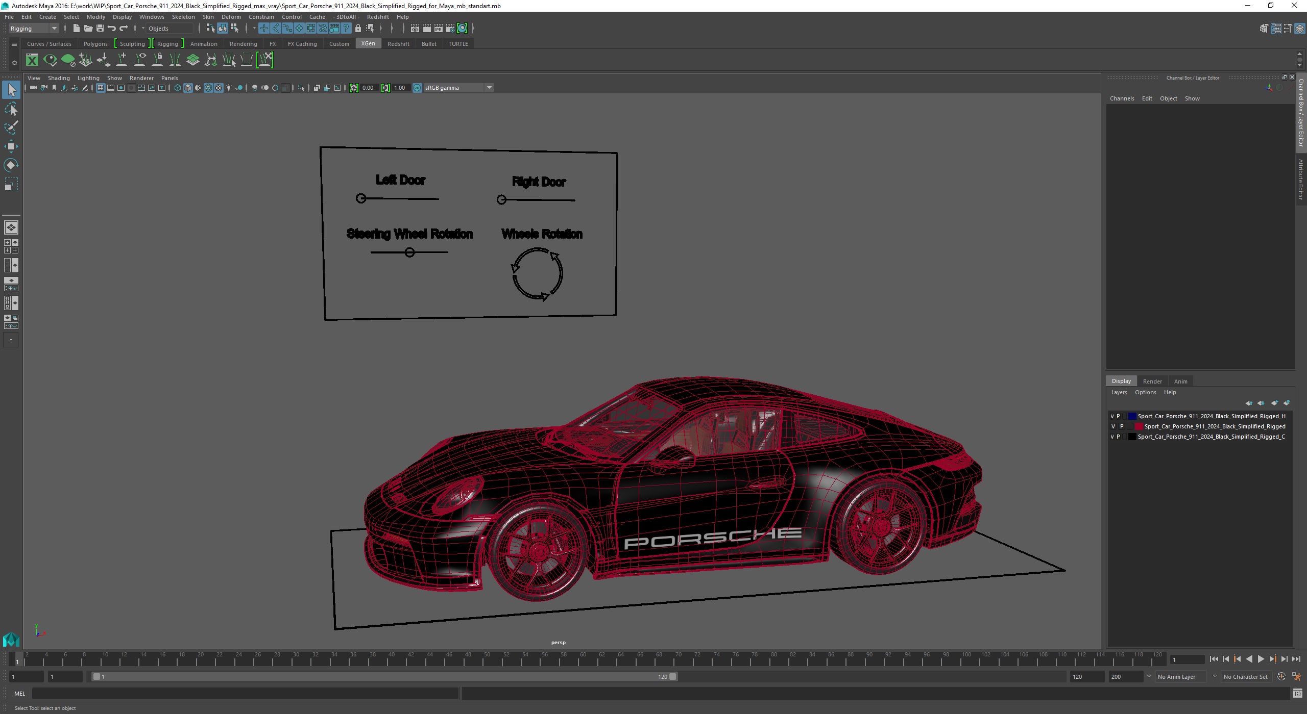 Sport Car Porsche 911 2024 Black Simplified Rigged for Maya 3D model