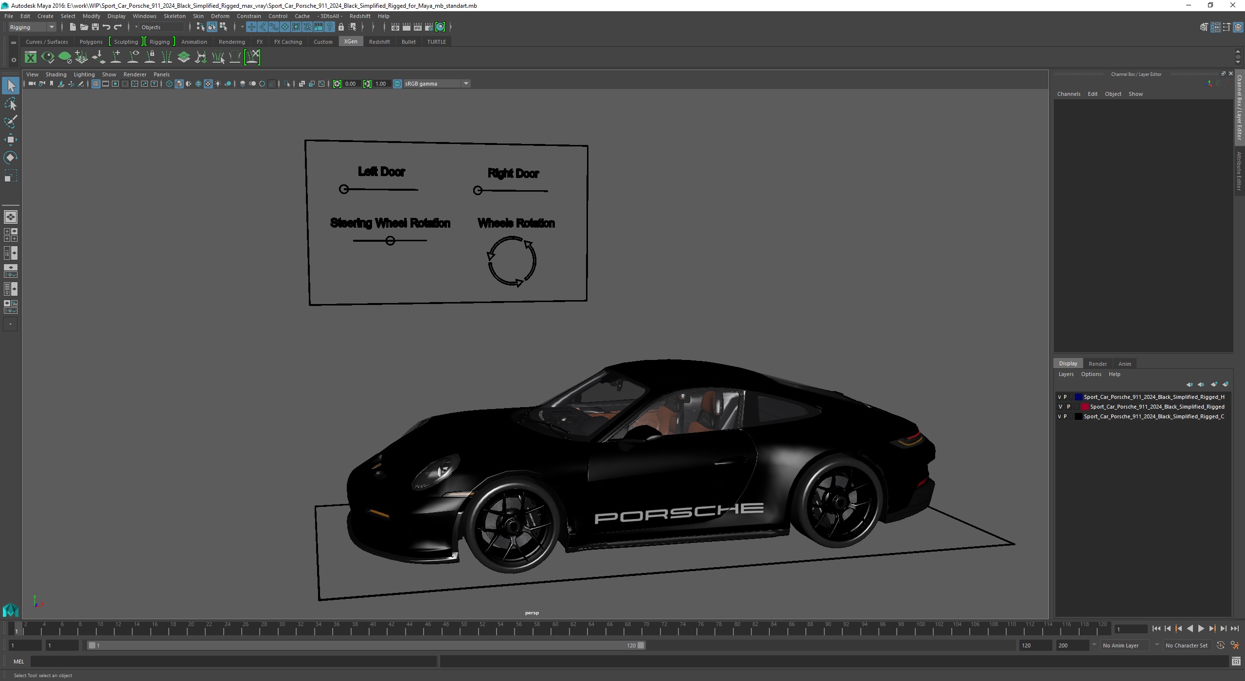 Sport Car Porsche 911 2024 Black Simplified Rigged for Maya 3D model