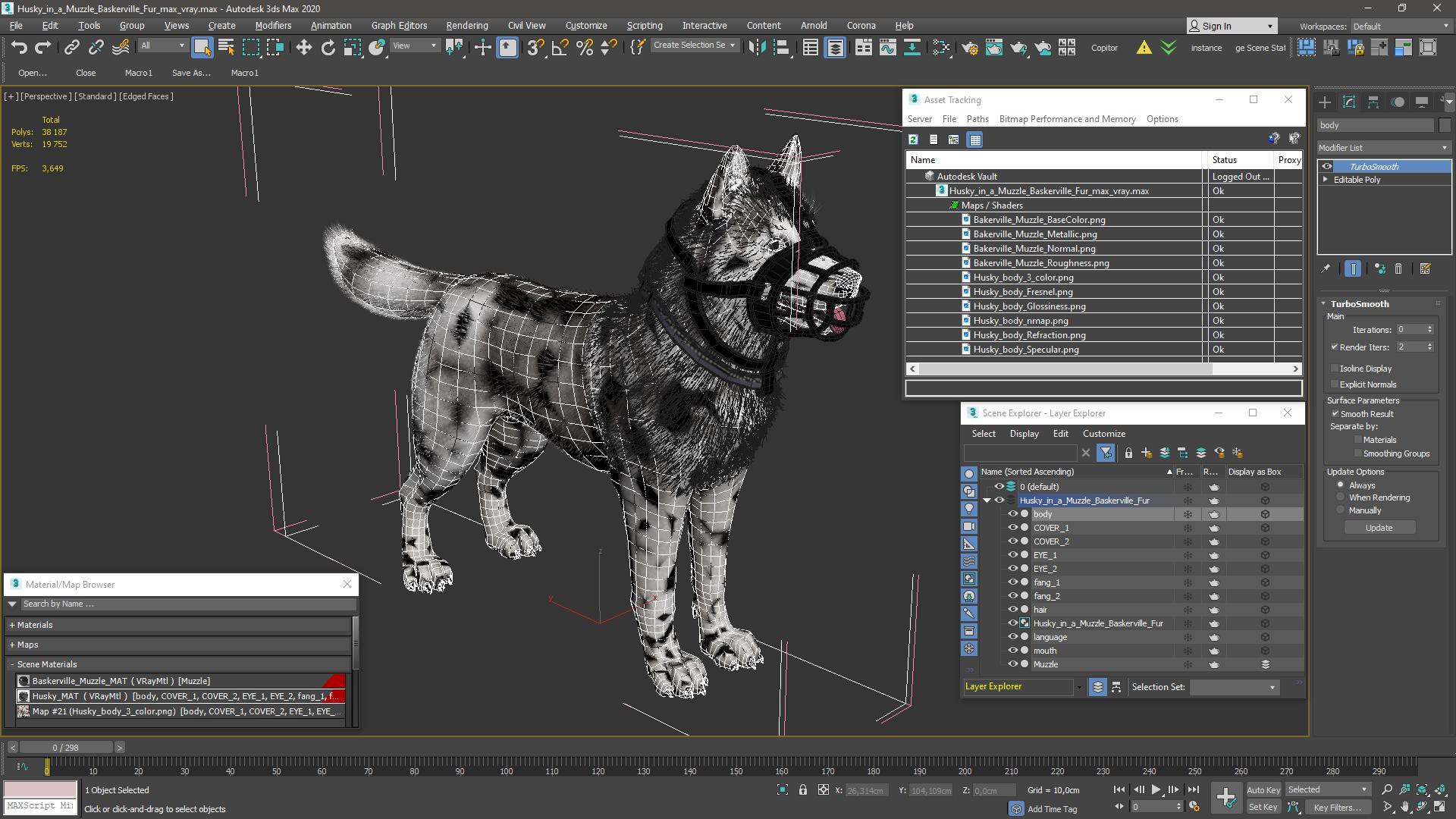 3D Husky in a Muzzle Baskerville Fur model