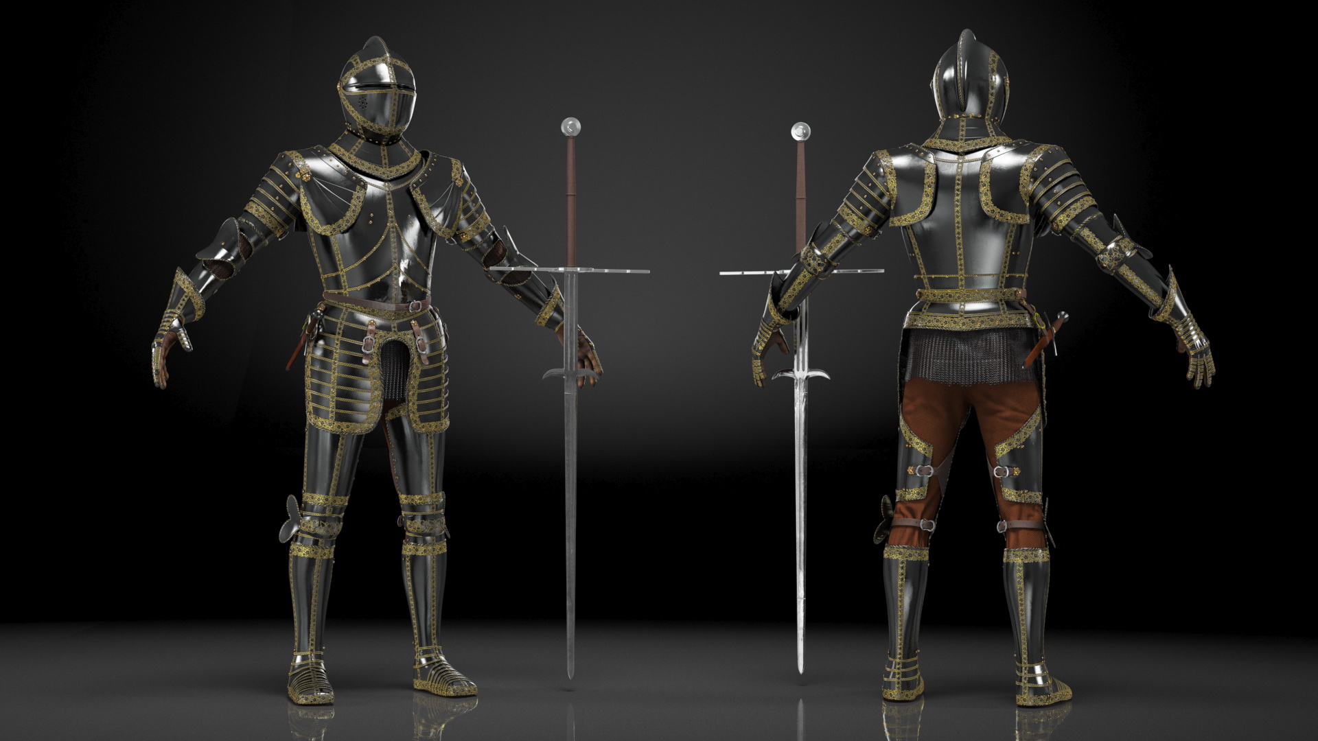 3D model Medieval Knight Black Gold Full Armor Neutral Pose