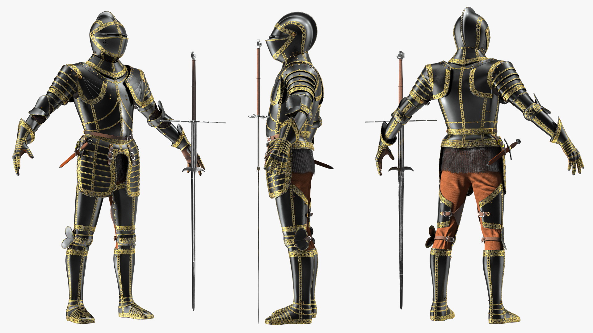 3D model Medieval Knight Black Gold Full Armor Neutral Pose
