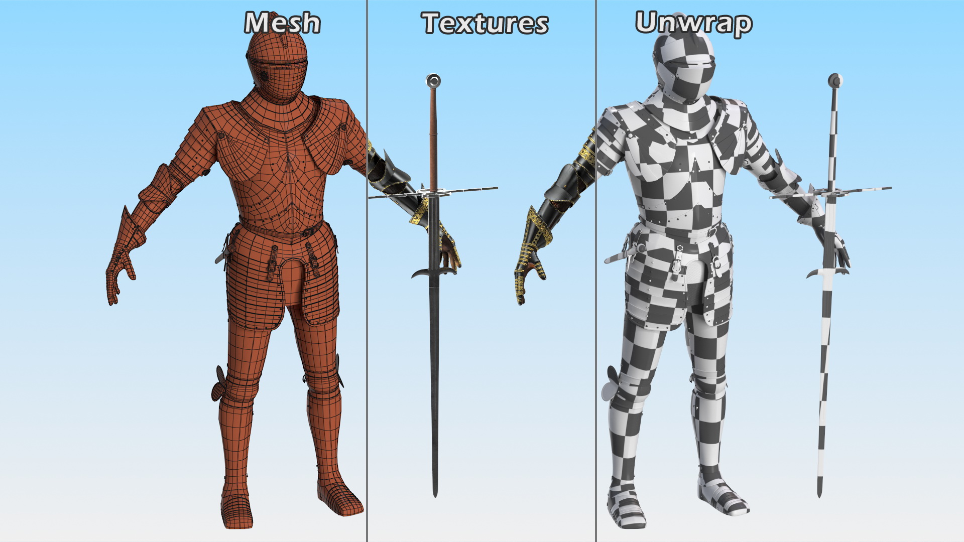 3D model Medieval Knight Black Gold Full Armor Neutral Pose