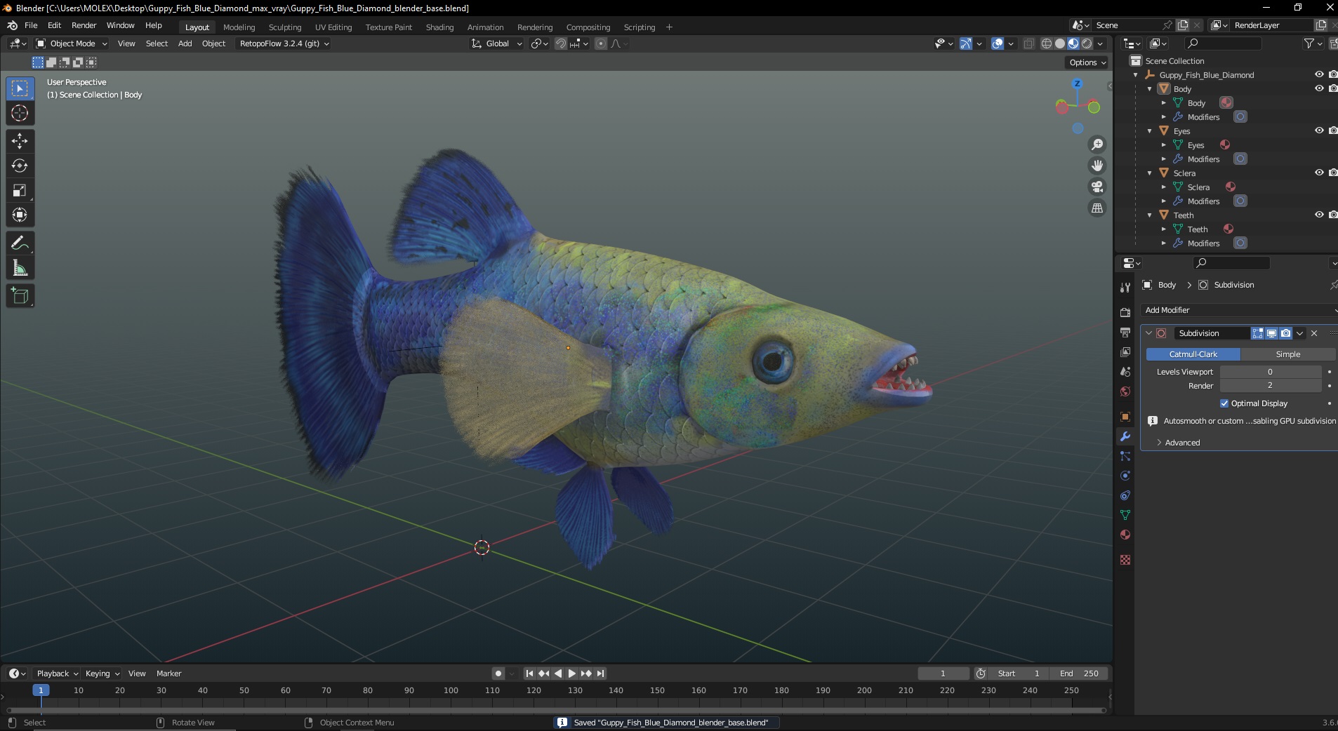 3D Guppy Fish Blue Diamond model