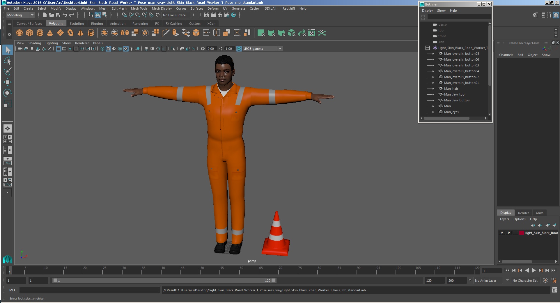 3D model Light Skin Black Road Worker T Pose