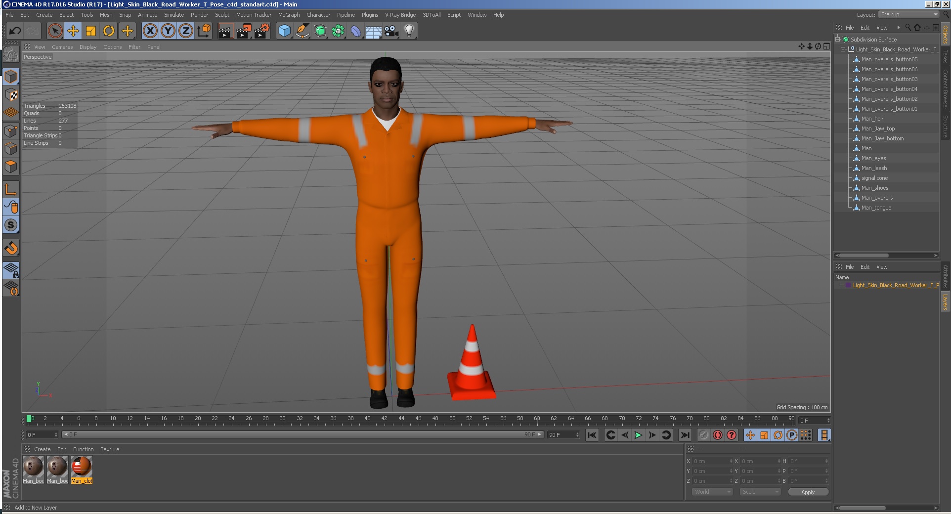 3D model Light Skin Black Road Worker T Pose