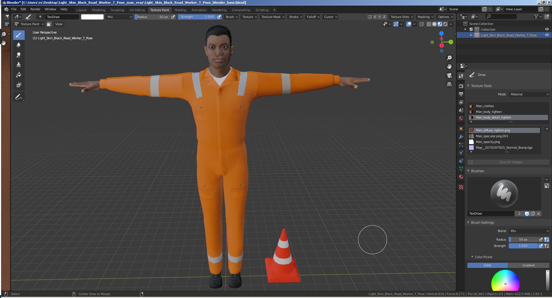 3D model Light Skin Black Road Worker T Pose